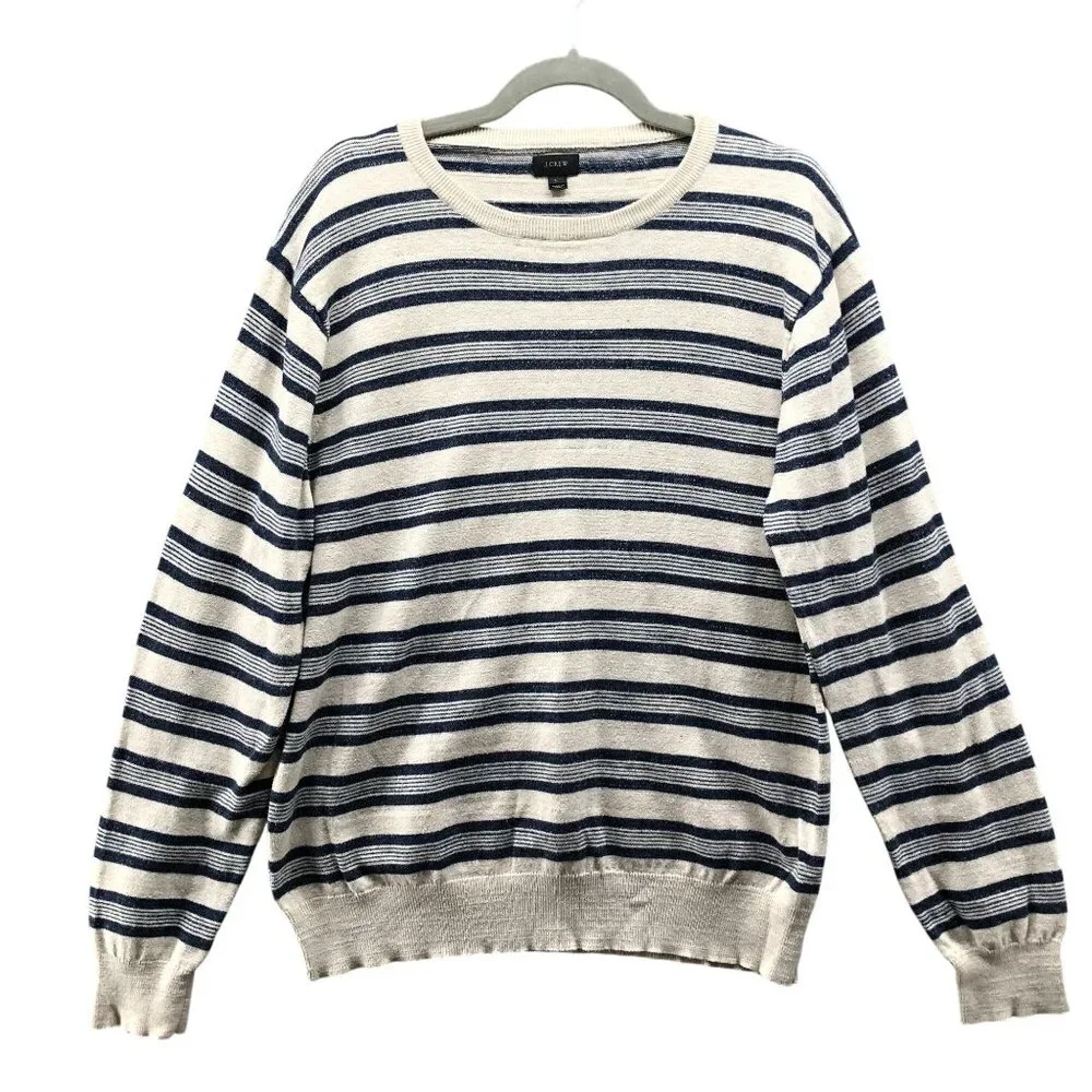 J. Crew Rugged Cotton‎ Striped Crewneck Sweater Mens L Beige Navy Textured
